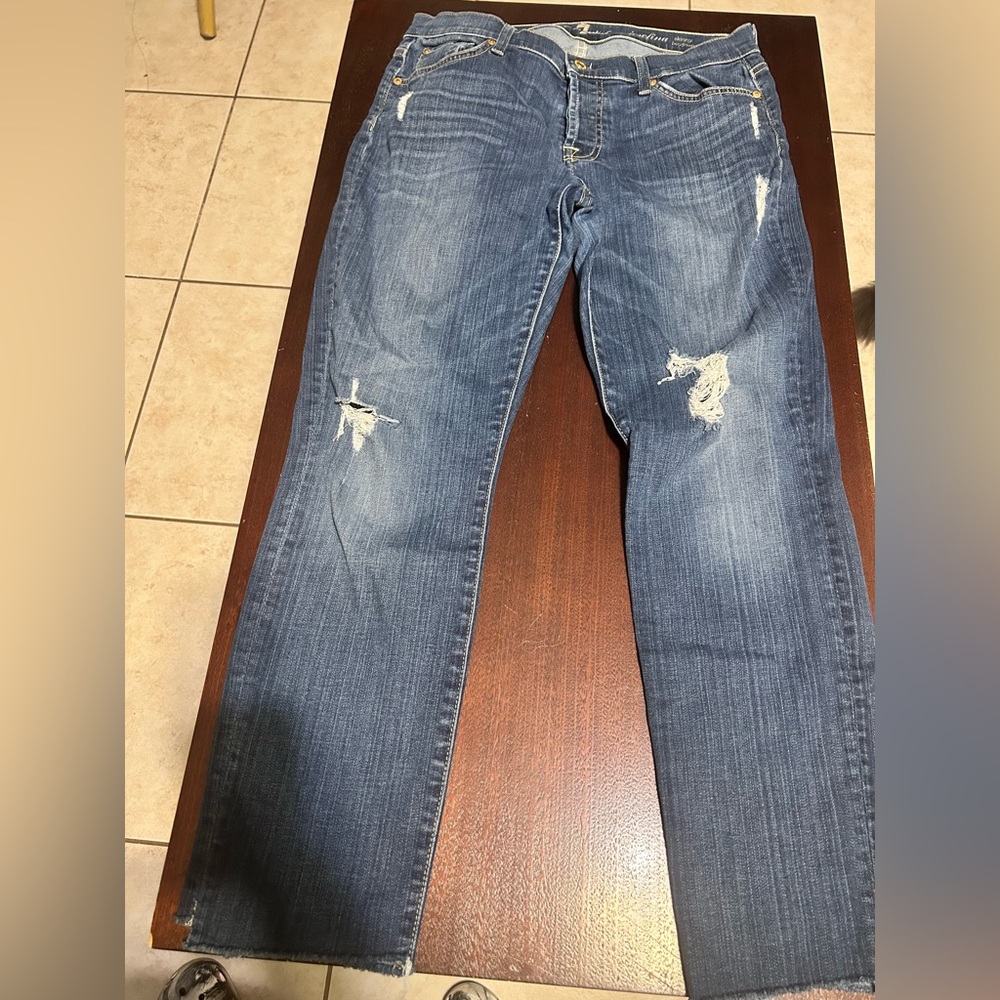 7 For All Mankind Blue Distressed Straight Leg Jeans
